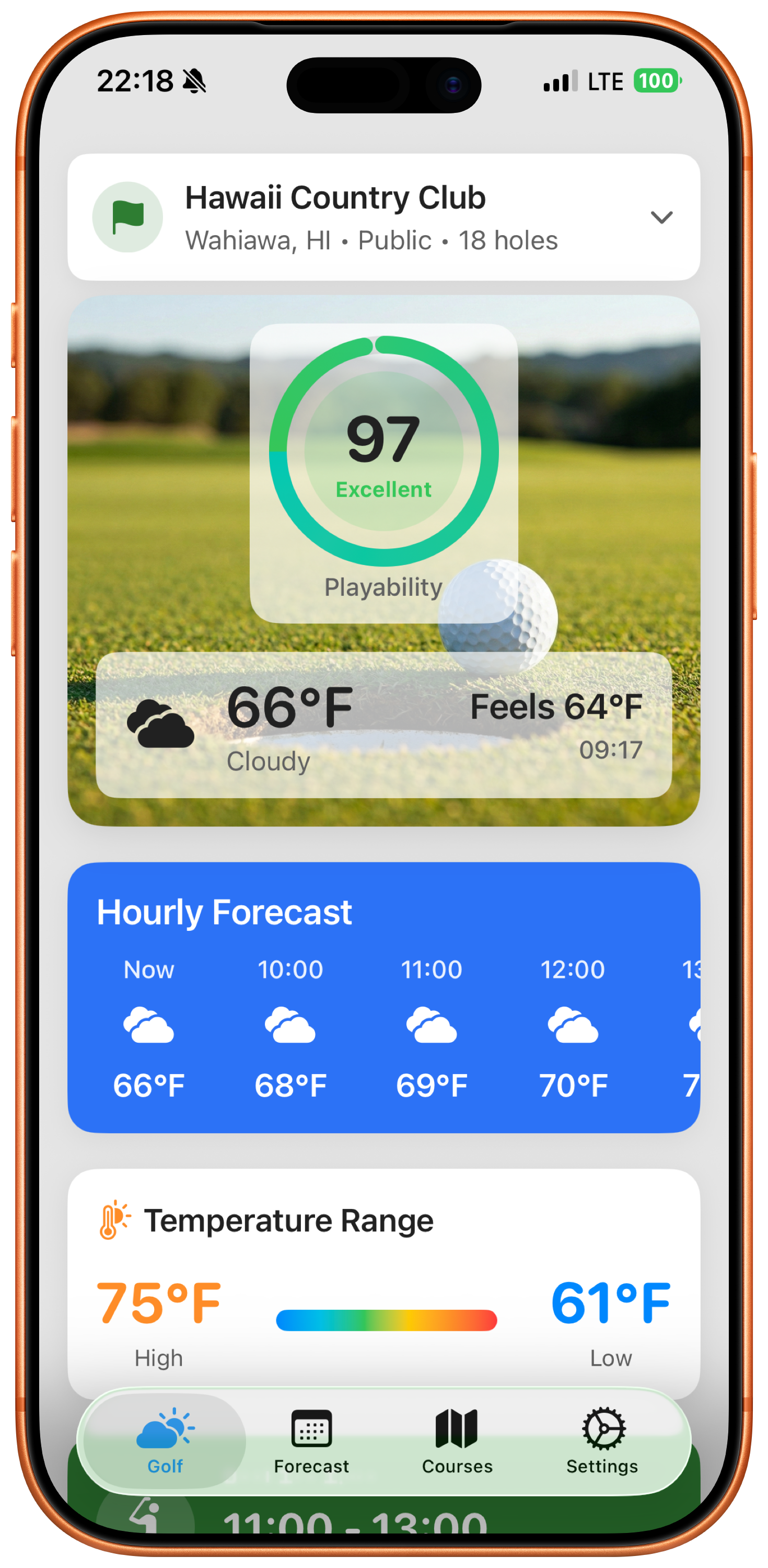 Weather4Golf home screen with best tee time recommendation