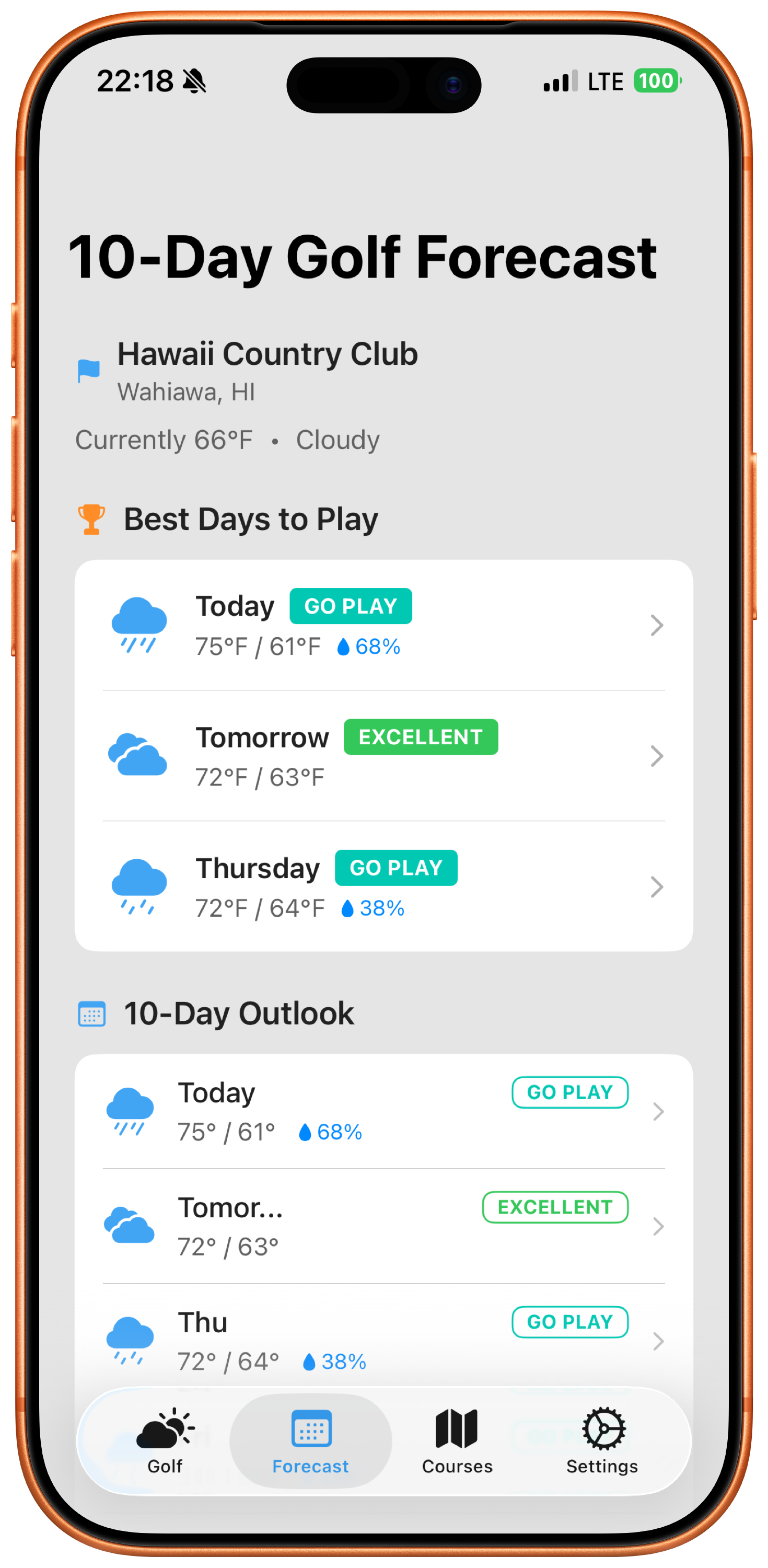 Weather4Golf course selection screen
