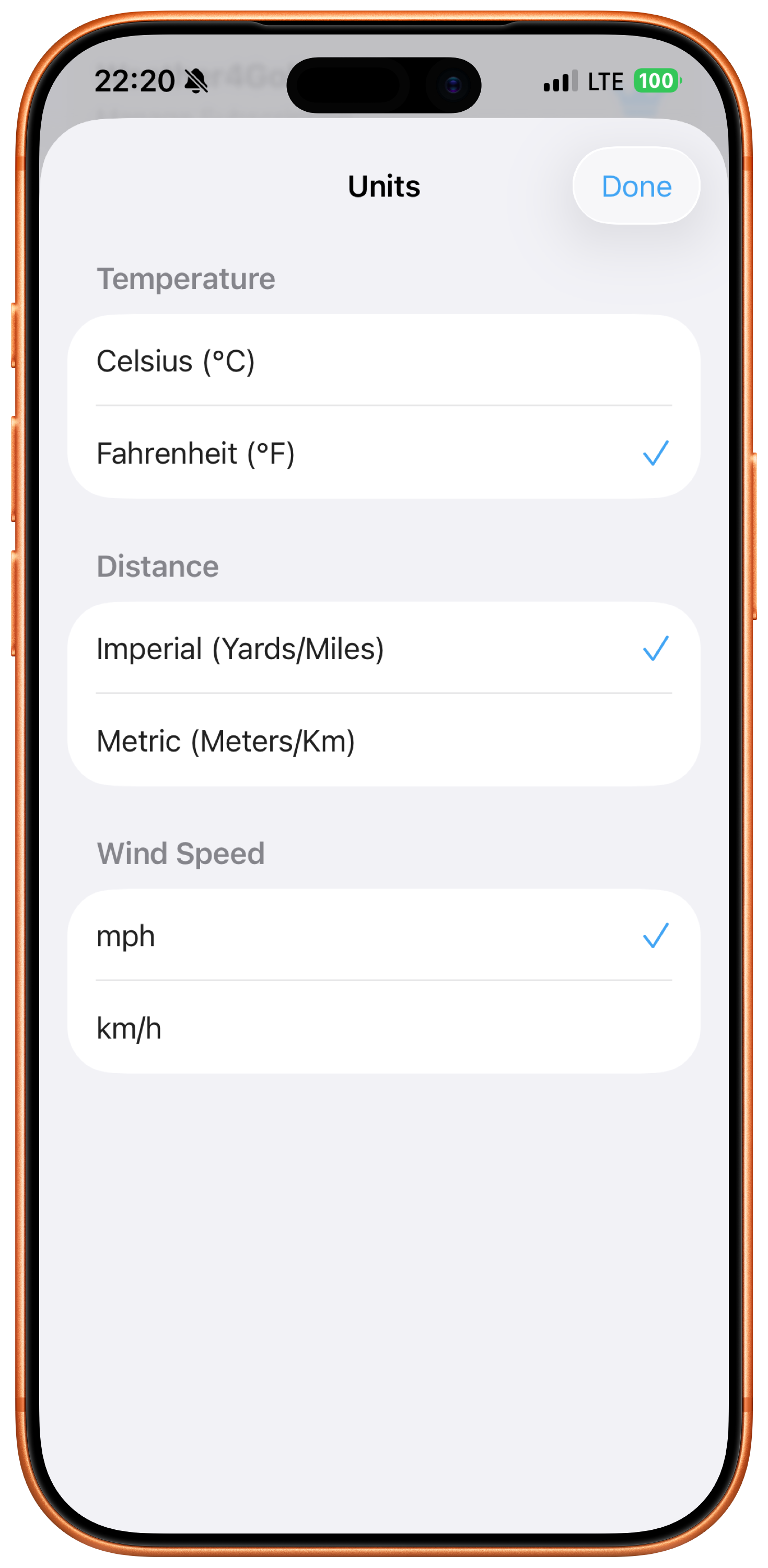 Weather4Golf settings and preferences